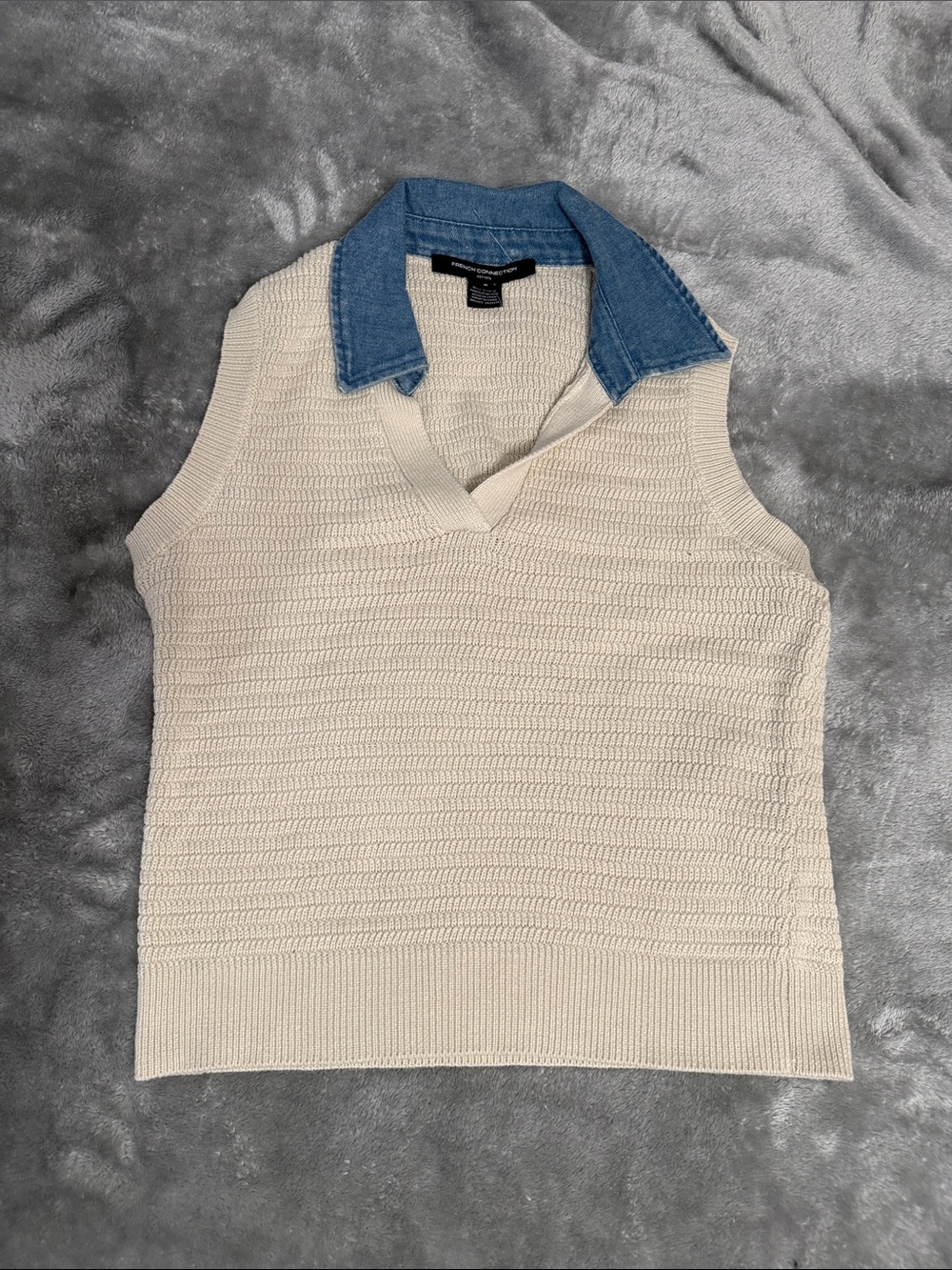 French Connection Cream Sleeveless V-Neck Sweater with Blue Denim Collar